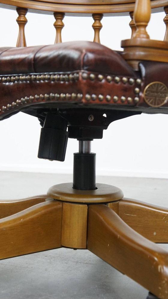 Image 1 of Brown height adjustable cowhide leather and wood chesterfield office chair on wheels