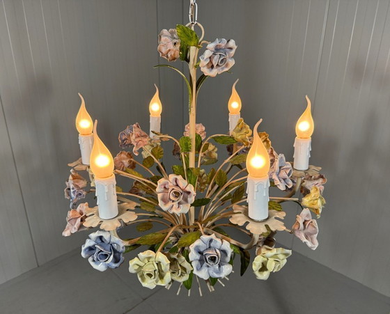 Image 1 of Italian chandelier with porcelain flowers 1950s