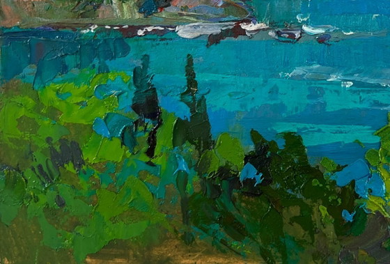 Image 1 of Original Oil Painting Summer Coastal Landscape The fusion of sea and mountains