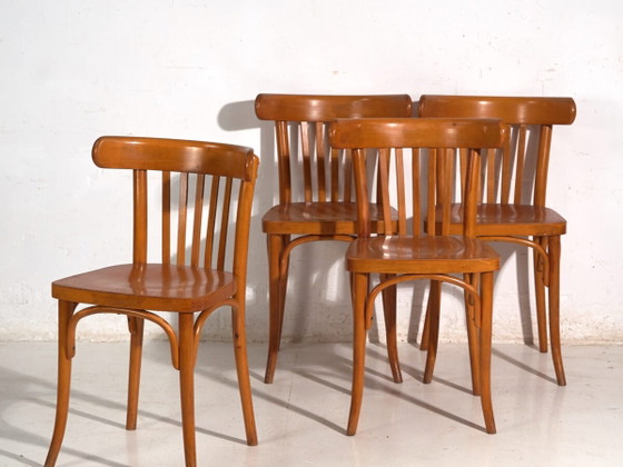 Lot de quatre Chaises de salle à manger antiques en bois courbé LIGNA – Tchécoslovaquie, circa 1960 #6 (photo 2 of 40)