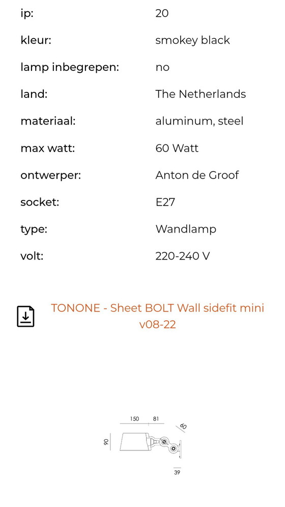 Image 1 of Tonone Bolt Wall Sidefit Mini in Ash Grey (2 stuks)