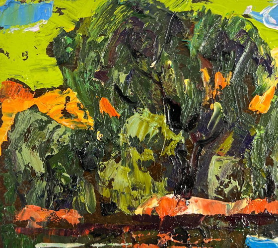 Image 1 of Original Oil Painting Summer River Landscape Willows bent over the silence