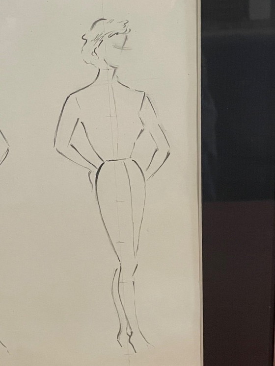 Image 1 of Schizzi a matita vintage, firmati e incorniciati, di Berthe Duquaine, del 1951.