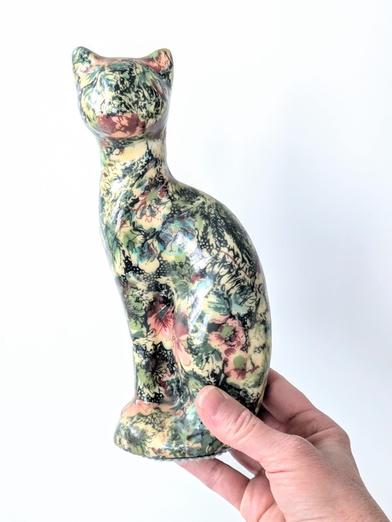 Image 1 of Papier Mâché Cat | Floral Decoupage Figurine | Vintage