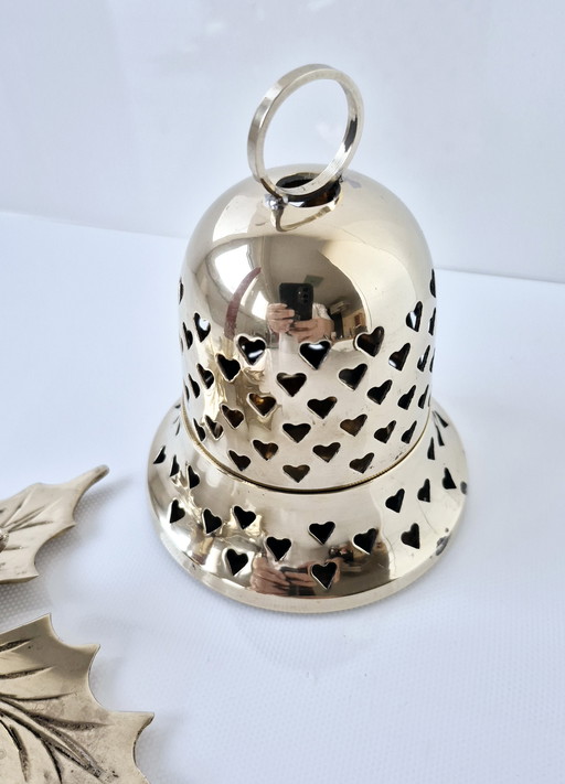 Portacandele vintage a forma di stella di Natale + lanterna, campana di Natale, ottone massiccio lucidato