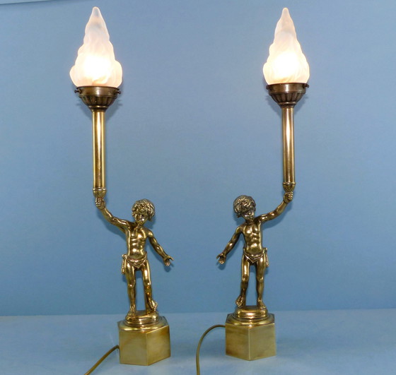 Image 1 of Set Vintage Table Lamps - Candlestick Figures With Flame Shaped Shade - Brass Bring Atmosphere And Class To Your Interior