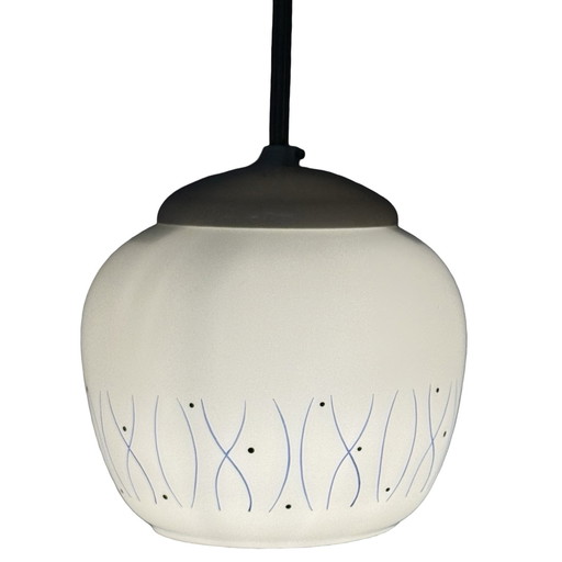Ca. 1950’s MCM Pendant lamp - Frosted / semi translucent white glass with blue motive - Including ceiling mounted canopy - Easte