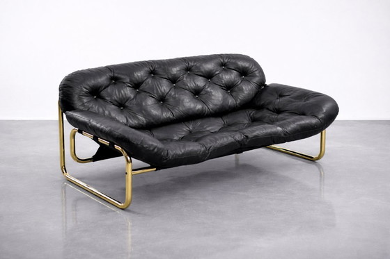 Image 1 of Vintage Mid-Century Scandinavian Modern Glamour Leather Black & Gold Sofa by John-Bertil Häggström for Swed-Form, 1970s