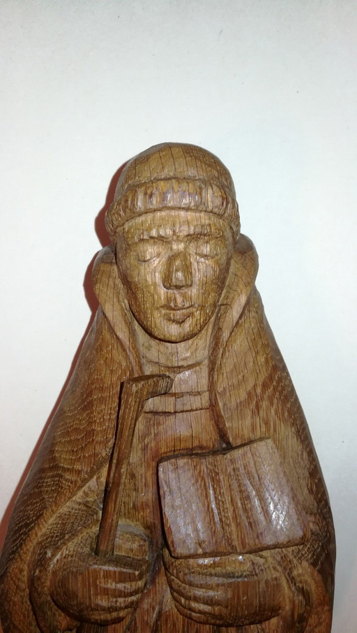 Vintage Antique Solid Carved Wood Statuette l'Abbé St Méen / 50's
