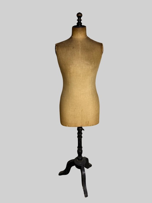 Busto da sarto antico e regolabile su treppiede originale in legno (circa 1930-1950)