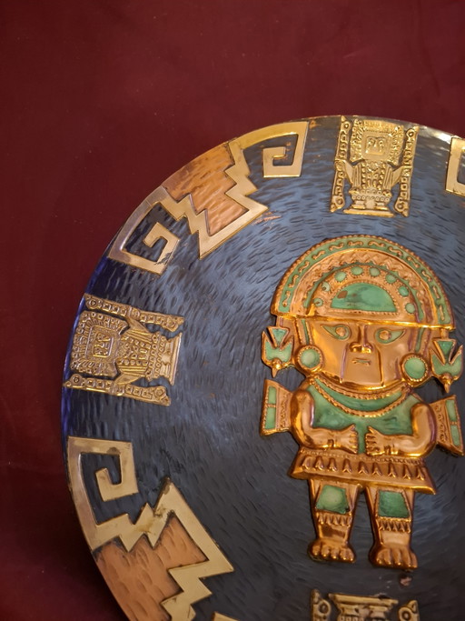 Vintage Peruvian Copper & Brass Wall Plate – 29cm "El Tumi" Inca Sun God Decor – wanddecoratie, Metal (photo 2 of 6)