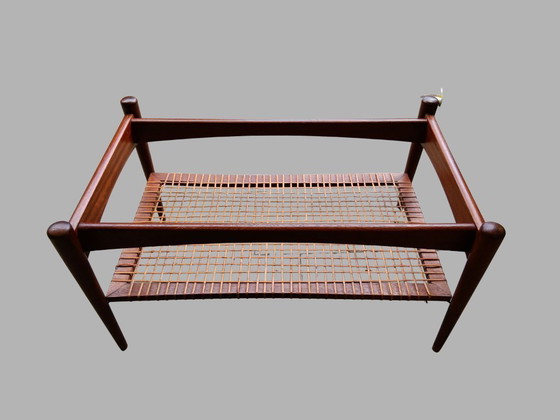 Image 1 of Tavolino da caffè Creafort in teak con piano reversibile e ripiano in rattan, anni '70