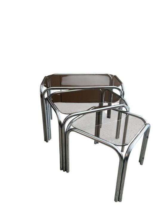 Image 1 of Vintage Chrome Nesting Tables with Smoked Glass | Set of 3 | Space Age Side Tables | 1970s Modernist Design