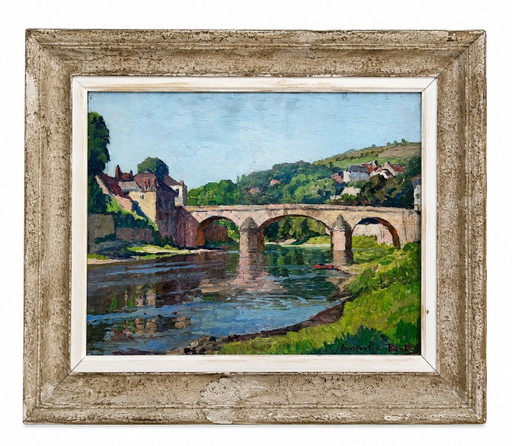 Constantin Font (1890–1954) – Huile originale sur panneau, Paysage français avec pont de pierre, vers 1935