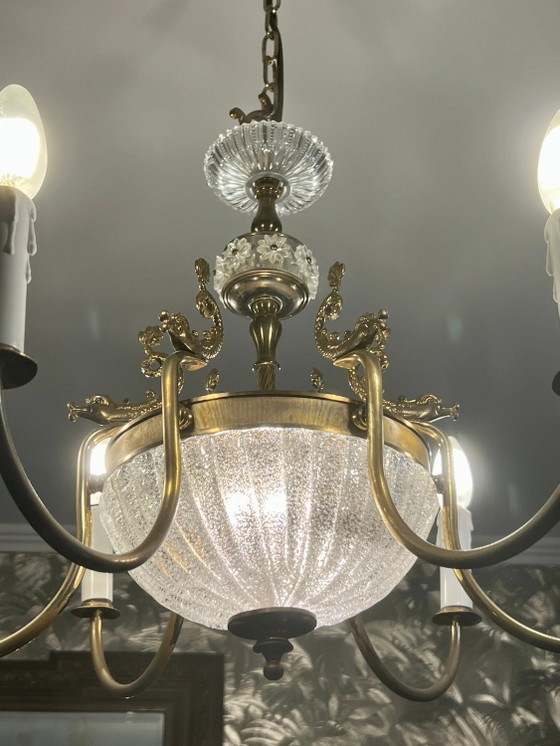 Uniek! Echte Art Nouveau Kroonluchter met glazen schaal en messing vis. Circa 1915 – Glass, Brass, Art Deco (photo 6 of 9)