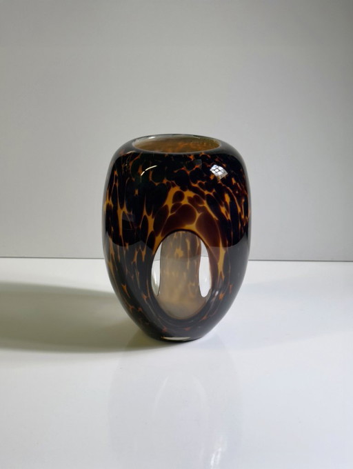 Vintage Tortoise Glass Vase Leo Schildtpatt Murano Brown Spots 1980s