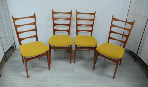 Juego de 4 sillas, estilo años 60, respaldo de barrotes, tapicería de madera de haya y tela, color amarillo mostaza, estilo