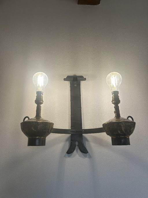 MAX LE VERRIER Art Deco Period Wrought Iron and Raw Brass Lighting Set - 8-Light Chandelier and 2 Wall Sconces