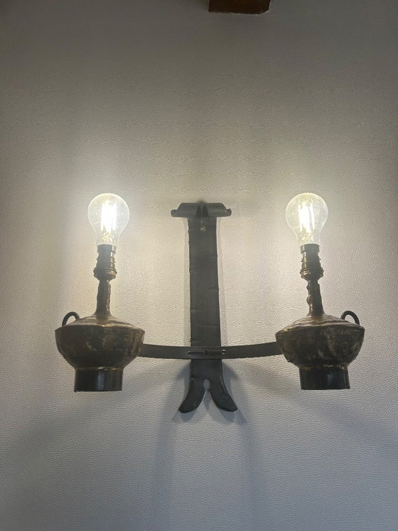 Image 1 of MAX LE VERRIER Art Deco Period Wrought Iron and Raw Brass Lighting Set - 8-Light Chandelier and 2 Wall Sconces