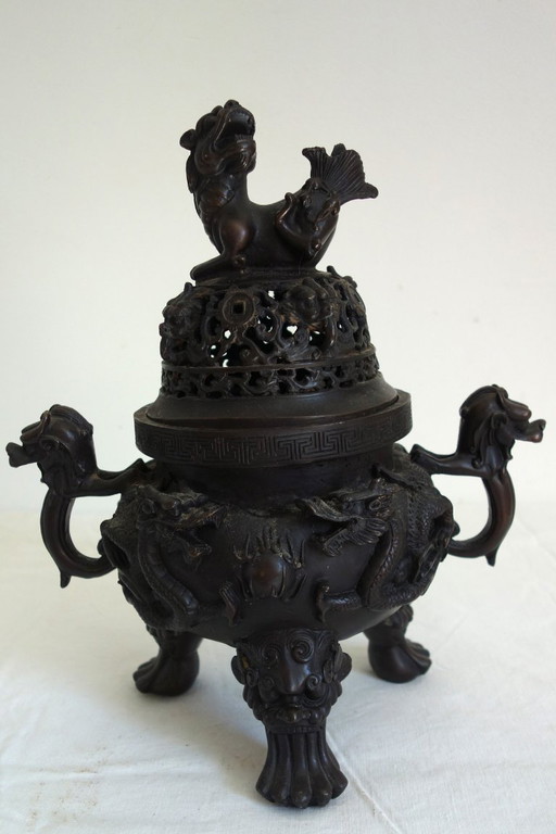 Grand Brule parfum/encens tripode décor dragon, Chine