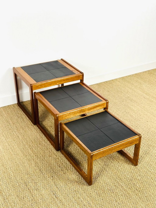 Scandinavian nesting coffee tables in teak and black ceramic, 1960