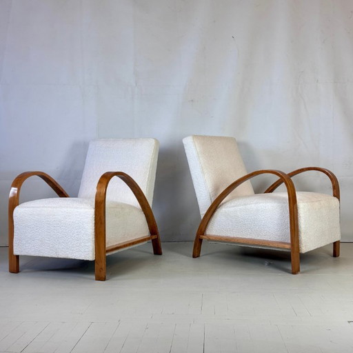 Paire de fauteuils Art déco français avec tissu bouclé blanc, années 1930