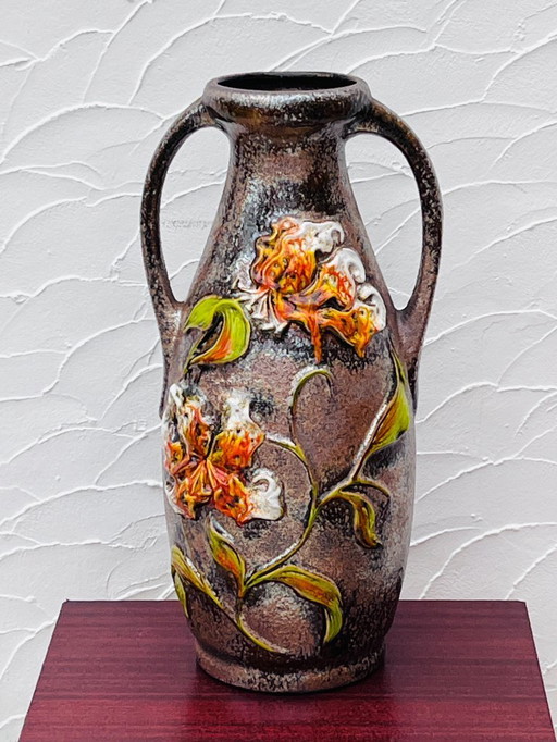 Large vintage West Germany vase, handles, floral relief decoration
