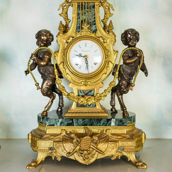 Image 1 of Pair of candelabra and clock in Verde Alpi marble and bronze, 50s