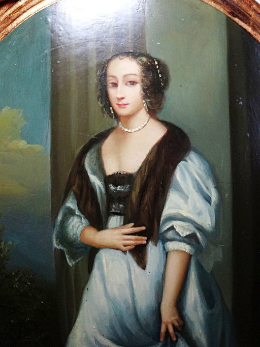 Grand portrait élégante médaillon huile sur bois bombé Vénitien vintage