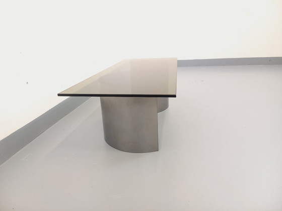 Image 1 of Vintage Space Age rectangular coffee table in steel and smoked glass from the 1970s