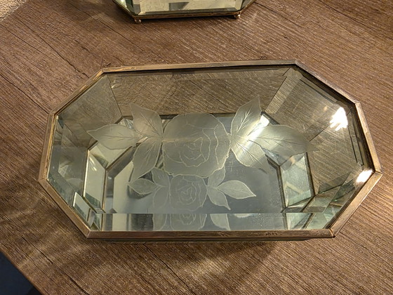 Vintage Glazen Sieradendoosjes Met Messing Randen En Een Geëtst Rozenmotief – Decoratieve objecten, Glass (photo 3 of 5)