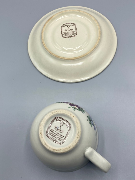Kopje en schotel van Parijs porselein – Florentijnse decoratie – Veelkleurige bloemen – Servies, Porcelain (photo 3 of 3)