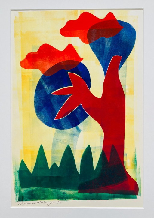 Vintage-Linolschnitt – Abstrakte Landschaft – 1980er Jahre