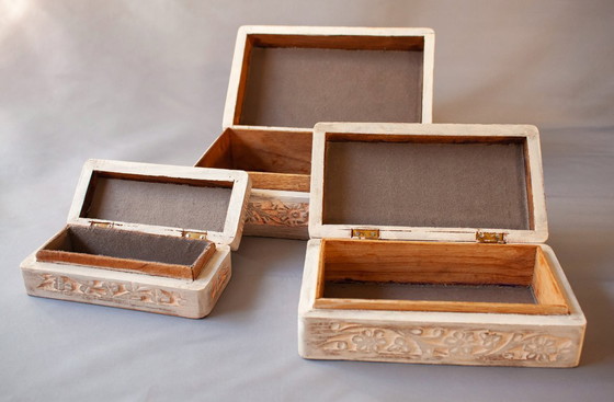 Image 1 of Set of antique carved wooden boxes with ivory inlays. New. Suitable for sewing, jewelry, or other purposes.