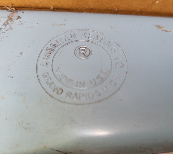 Banchetto scolastico anni '50/'60 modello "Envoy" American Seating Company, Scrivanie, Metallo, Legno, Blu (foto 14 di 14)