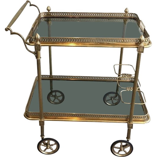 Mesa rodante vintage de latón y cristal azulado para La Maison Jansen, Francia, 1940