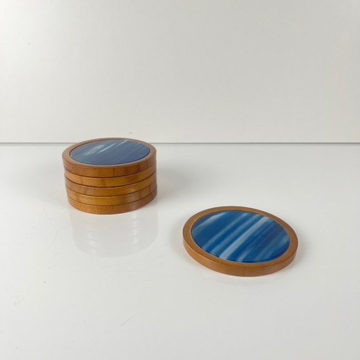 Set of 6 coasters in blue agate and wood, Midcentury modern