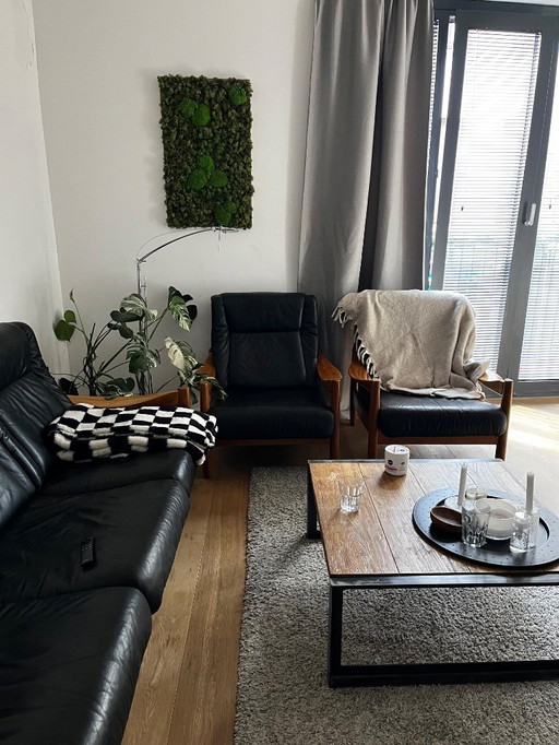 Ensemble canapé vintage en cuir noir design danois - 3 places + 2 fauteuils