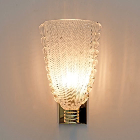 Image 1 of Attributed to Barovier & Toso Brass and "Reticello" Murano Glass Sconces