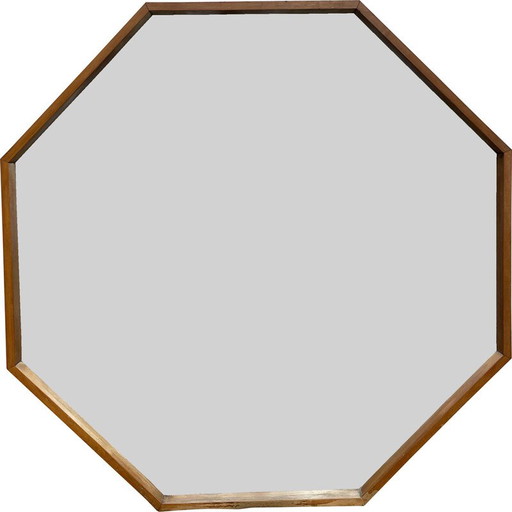 Miroir octogonal vintage en bois d'arbre fruitier, Danemark 1970