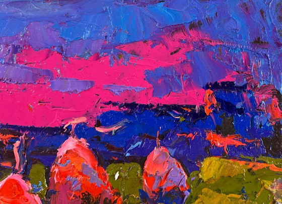 Image 1 of Original Oil Painting Sunset Field Landscape Evening silence in the field