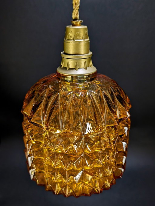 Vintage Diamond Pineapple Lamp in Amber Glass – 1960 – hanglampen, Metal (photo 2 of 6)