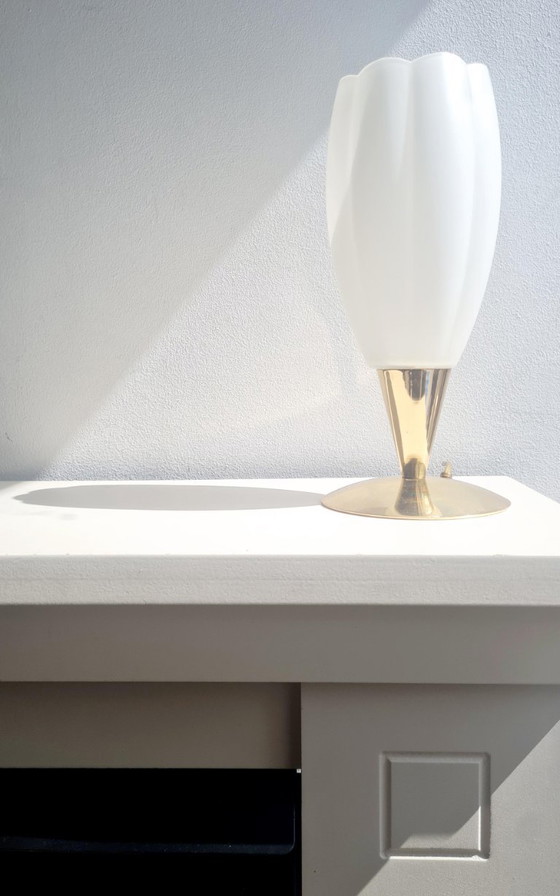 Image 1 of Lampada vintage a tulipano, vetro smerigliato, oro, stile francese