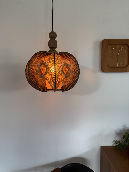Vintage Danish pendant lamp in glass, wool & wood ‘60s