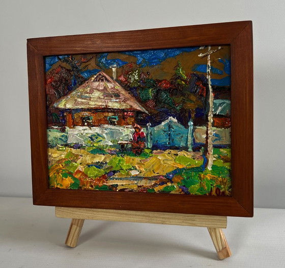 Image 1 of Original Oil Painting Summer Village Landscape Relaxing on a bench