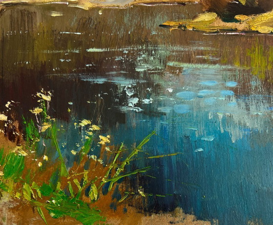 Image 1 of Original Oil Painting Autumn Lake Landscape Preparing for a boat trip