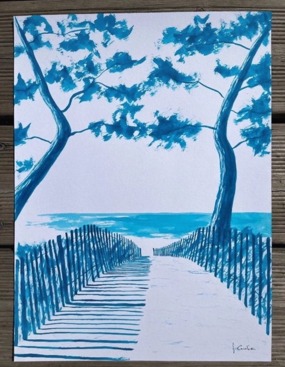 Image 1 of Blauwe Oost-Indische inkt op 300g fabriano papier.  Formaat 40x30cm.