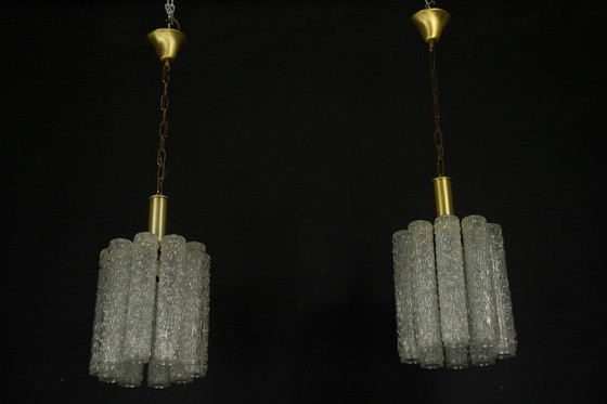 Image 1 of Pair of Murano Glass and Brass Chandeliers in the Style of Toni Zuccheri, Italy 1970s