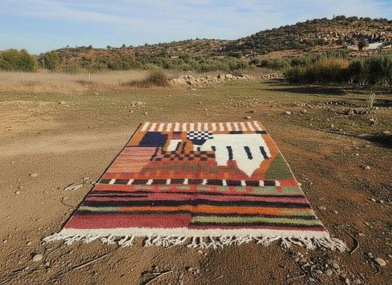 Alfombra bereber marroquí multicolor 300x200 cm – patrón figurativo – hecha a mano – Lana, Algodón, Vintage (photo 3 of 9)