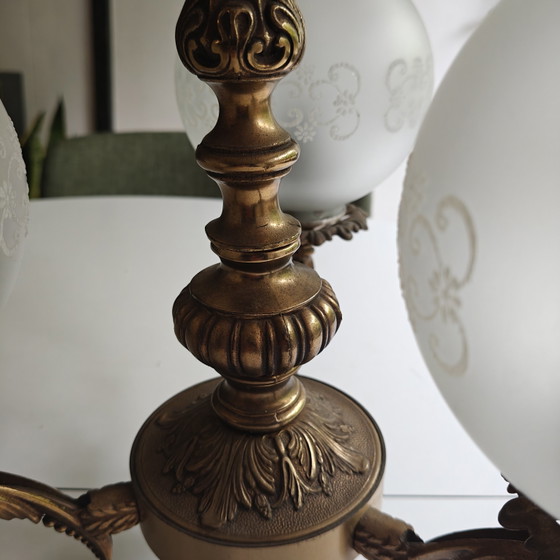 Image 1 of Vintage 3-Light Neo-Classical / Empire Style Chandelier – Ornate Brass Tone & Frosted Glass